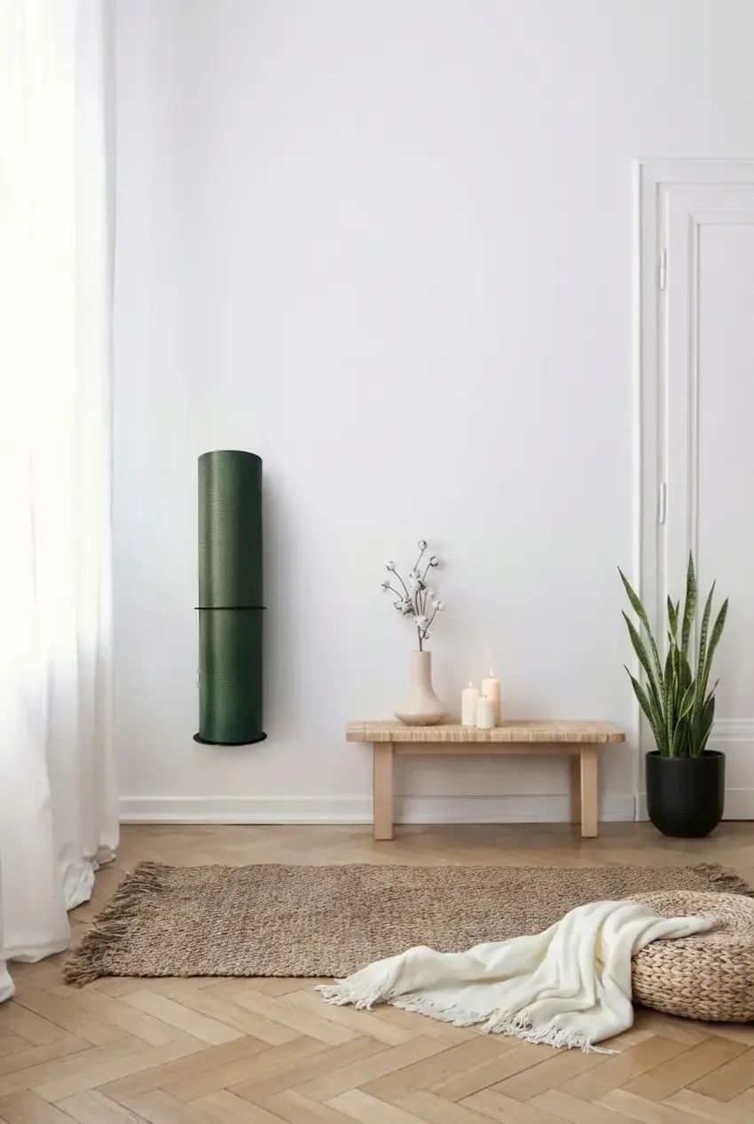 MatBase mit grüner Yogamatte an der Wand im hellen Raum mit Holzbank und Kerzen